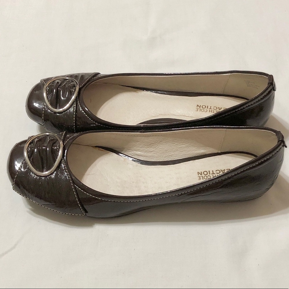 Kenneth Cole Reaction Brown Faux Patent Leather Flats w/Buckle on Toe - 9.5